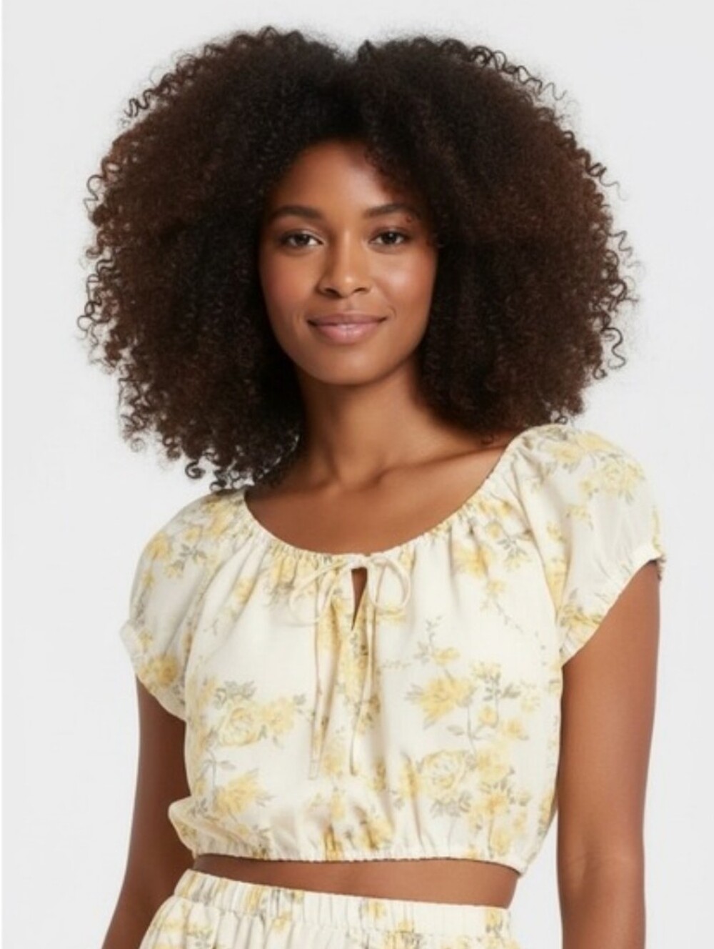 a new day Cream and Yellow Floral Tie-Front Crop Top